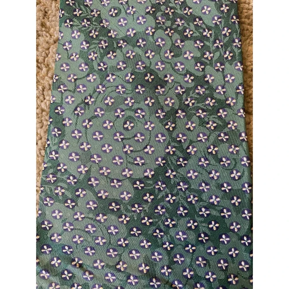 Hervé Monsigny Paris Vintage 100% Silk Designer Necktie Green Floral Geometric